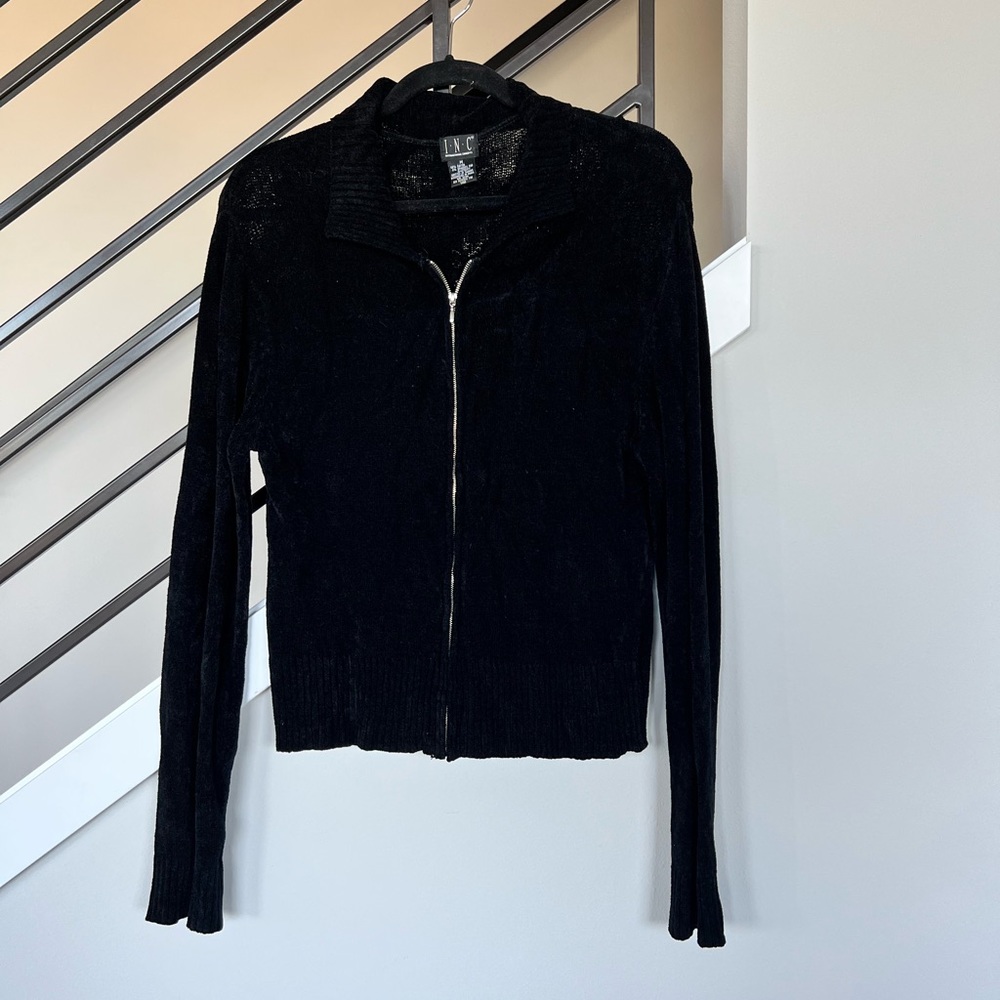 INC Black zip-up sweater, long sleeves, collar, ribbed bottom, super soft M